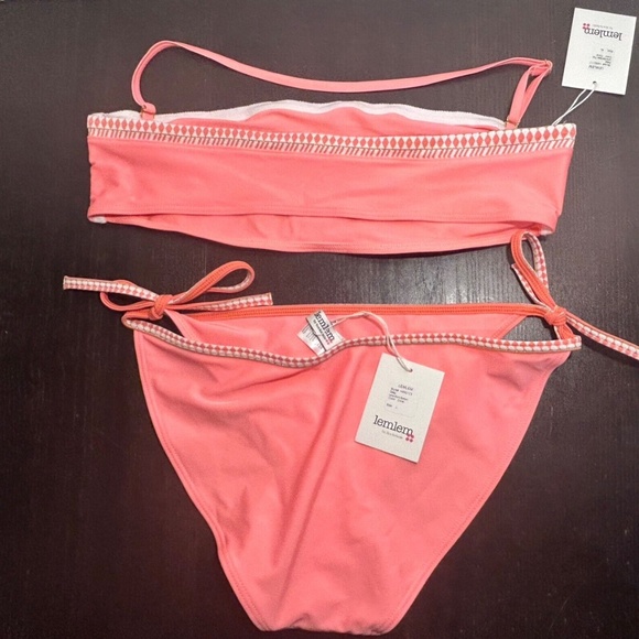 Lemlem Lena Bikini Swim Set Bandeau Halter Top (XL) & Tie Side Bottoms (L) Coral - Picture 5 of 15